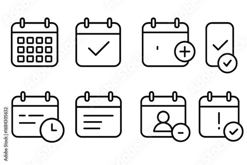 Calendar scheduling outline icon set for web and mobile apps. Vector collection of planner, event, and date management symbols like appointment, reminder, deadline, and agenda.