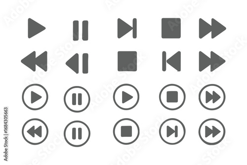 A collection of ten media player control icons, featuring five black-on-white and five white-on-blue buttons for play, stop, pause, fast-forward, and rewind, ideal for user interface and app design.