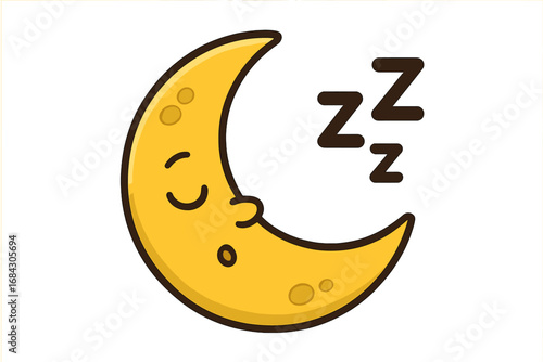 Sleeping moon character cartoon. Cute crescent with zzz symbol. Sleepy night icon for bedtime or lullaby. Kawaii celestial mascot for nursery. Vector dream illustration.