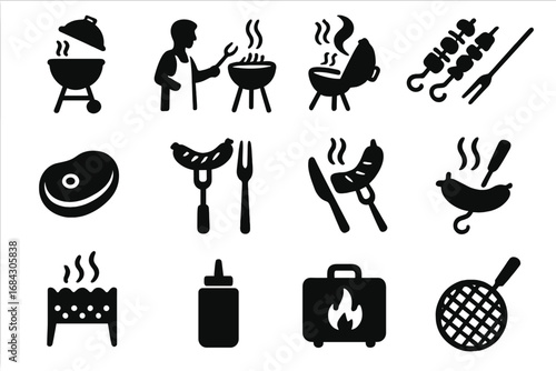 Barbecue grill silhouette icon set. Vector collection of grilling food symbols like sausage, steak, and kebab skewers. Outdoor cooking, picnic and cookout party elements.