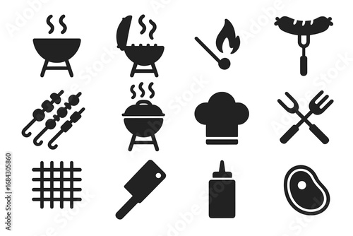 Barbecue grill solid glyph icon set. Outdoor cooking, summer picnic and backyard cookout equipment. Vector silhouette symbols of steak, sausage, kebab, chef hat and utensils.