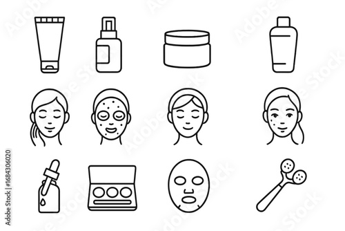 Beauty and skincare outline icon set. Cosmetic, personal care symbols. Face treatment routine, cream, serum, makeup. Facial sheet mask, roller, lotion, skin problem, acne.