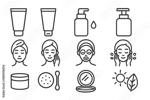 Beauty and skincare outline icon set. Cosmetic and personal care symbols collection. Face routine, cream, lotion, mask treatment. Vector illustration for spa and dermatology.