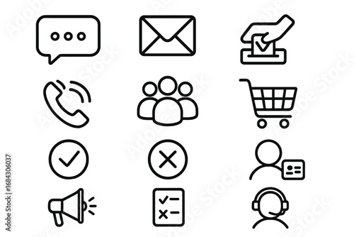 Communication & business line icon set. Customer service, voting, shopping cart, feedback, and survey vector icons. Outline pictograms for web, UI, UX and mobile apps.