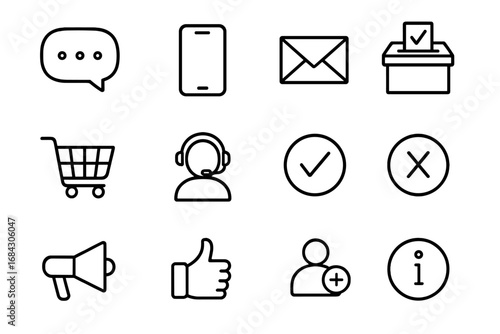 Universal line icon set for web and mobile. Outline pictograms for communication, e-commerce, voting, customer support, social media feedback, and user interface design.