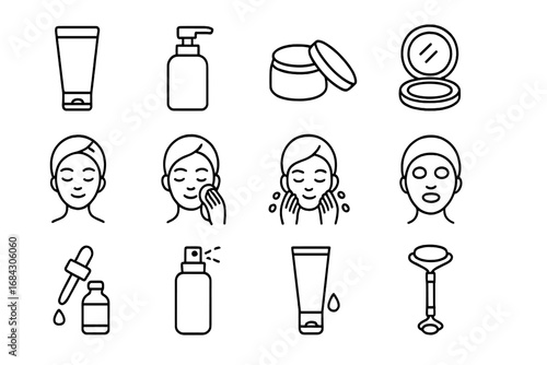 Beauty and skincare outline icon set. Cosmetic and personal care symbols collection. Skin routine, face treatment, and beauty product pictogram. Vector line icons isolated.