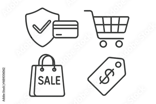 E-commerce line icon set. Vector symbols for online shopping. Secure payment, credit card, shopping cart, sale bag, price tag. Retail business, finance, and web design icons.