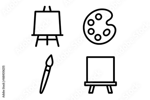 Art supplies line icon set for creativity and hobbies. Vector graphic collection of painter tools: easel, paint palette, brush, canvas. For artist studio or workshop.