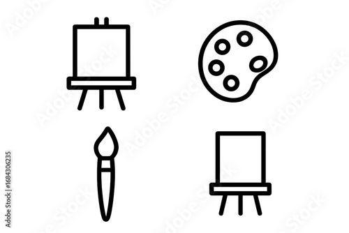 Art supplies line icon set. Easel, paint, palette, brush, canvas vector icons. Artist tools for creativity, drawing, and painting. Workshop or art studio equipment symbols.