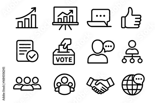 Business and communication line icon set. Growth chart, presentation, vote, teamwork, agreement, global network. Corporate management and strategy vector pictograms for web.