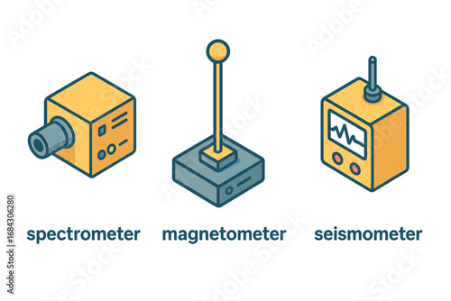 Isometric scientific instruments icon set. Vector collection of spectrometer, magnetometer, seismometer. Physics, geology research equipment. Measurement and analysis tools.