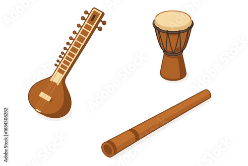 World music ethnic instruments icon set. Isometric vector illustration of Indian sitar, African djembe drum and Australian didgeridoo. Folk sound symbols. Traditional culture.