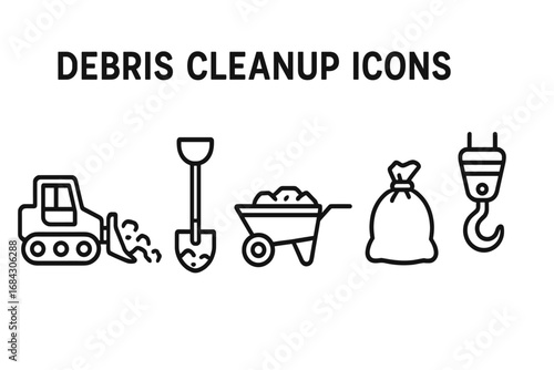 Debris cleanup line icon set. Construction site waste removal symbols. Bulldozer, shovel, wheelbarrow, garbage bag, crane hook vector illustration. Demolition and wreckage collection.