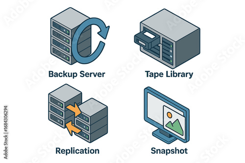 Backup and disaster recovery isometric icon set. Concepts include backup server, tape library, data replication, snapshot. Vector illustration for data storage and security.