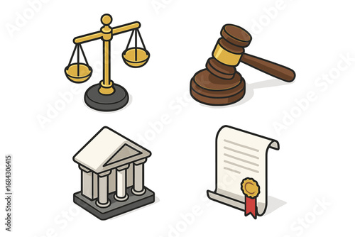 Legal and justice isometric icon set with gavel, scales, and courthouse. Law, legislation, and judgment concept. Court, auction, and government symbol collection for finance.
