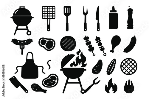 Barbecue grill silhouette icon set for a summer party. BBQ cooking elements collection with food, meat, and tools. Vector graphic for a picnic, cookout, or kitchen design.