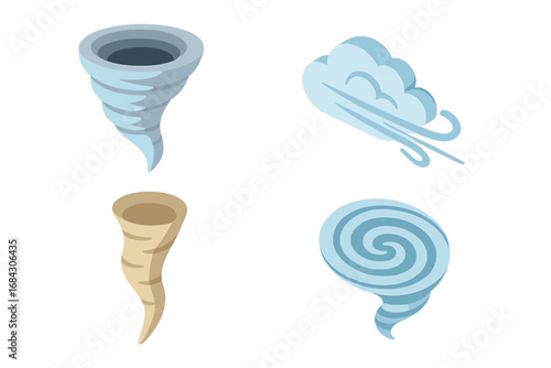 Wind phenomena icon set. Vector illustration. Tornado, cyclone, hurricane, twister, dust devil, storm. Weather, meteorology, climate symbol. Gale, windstorm, vortex, spiral.