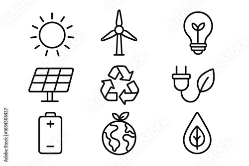 Eco energy icon set. Renewable and sustainable power sources. Green technology icons for ecology and environment. Solar panel, wind turbine, recycle symbol and green leaf.