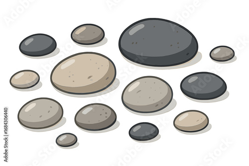 Set of smooth pebbles and stones isolated on white background. Vector illustration of river rocks in earth tones for spa, zen garden, meditation, and nature concepts.