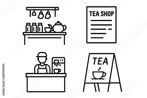 Tea shop and cafe icon set. Vector line art illustration collection for coffee house. Includes barista, menu, sign, and tea service elements. Outline pictogram for beverage business.