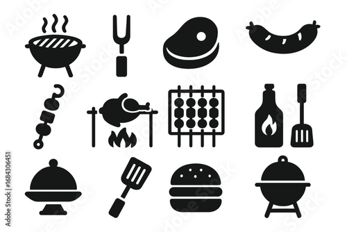 Barbecue and grilling solid icon set. BBQ, outdoor cooking and food glyphs collection. Vector symbols for steak, sausage, chicken, burger, grill, and cooking utensils.