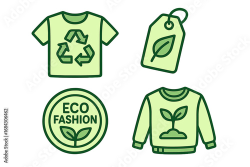 Eco-friendly fashion icon set for sustainable clothing. Recycled apparel, organic textile, and slow fashion symbols. Ethical consumerism and green lifestyle vector.