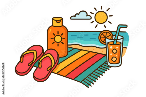 Summer vacation essentials cartoon illustration. Beach scene with sunscreen, flip flops, cold juice on a towel. Seaside holiday, sunbathing and travel concept vector.