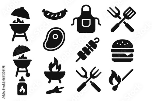 Barbecue and grilling solid icon set. Outdoor cooking and picnic concept. Vector glyph collection with grill, steak, sausage, hamburger, kebab, apron, and utensils. BBQ food.