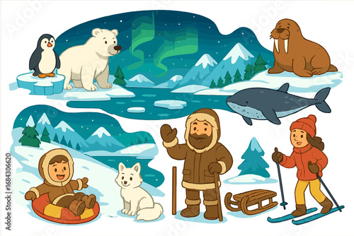 Polar adventure character set. Arctic wildlife collection with people. Inuit man, kids skiing and sledding. Polar bear, penguin, walrus, fox, whale. Winter landscape with aurora.