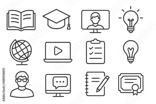 Education and e-learning outline icon set. Online training, remote study and webinar symbols. University, school and knowledge concept. Vector line art pictogram collection.