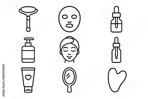Skincare and beauty routine line icon set. Self-care tools, cosmetics collection. Vector outline symbols for facial treatment: face mask, serum, jade roller, and gua sha.