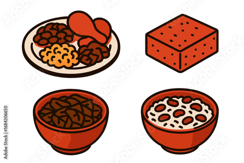 Isometric soul food icon set. Vector illustration of black cuisine and southern cooking. African American dishes like fried chicken, cornbread, rice and beans, collard greens.
