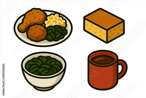Soul food icon set. Isometric vector illustration of classic Black cuisine. Southern comfort food plate with fried chicken, mac and cheese, collard greens, and cornbread.