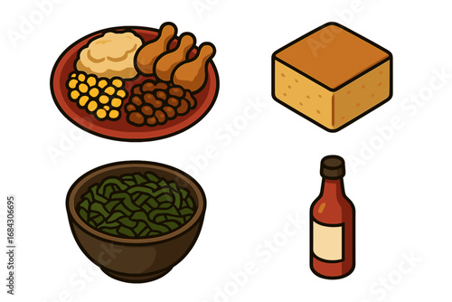 Black cuisine soul food icon set. Isometric vector cartoon illustration of southern comfort food. Plate with fried chicken, cornbread, collard greens, beans, hot sauce.
