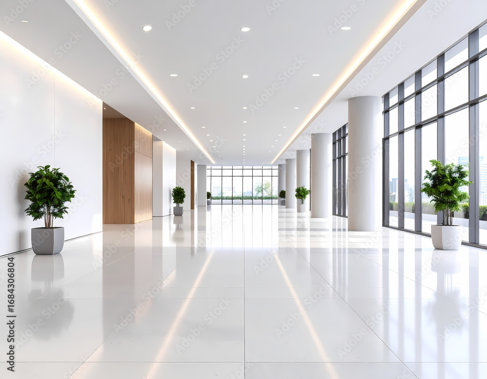 Fototapeta premium Modern office lobby interior design white floor and plants decoration
