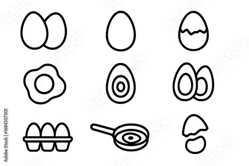 Egg icon set. Simple line art food symbols. Fried egg, boiled egg, cracked shell, and in carton. Breakfast, cooking, kitchen, and recipe concepts. Vector graphic illustration.