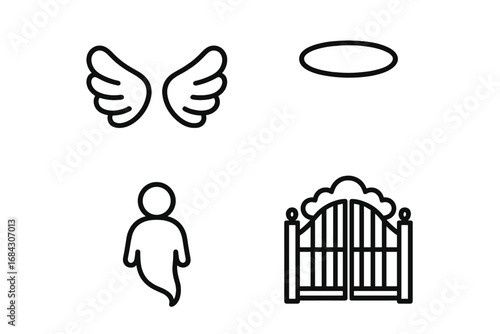 Afterlife and heaven outline icon set. Simple vector icons of angel wings, halo, spirit, and heavenly gates. Soul, death, religion, and spiritual beliefs concept illustration.