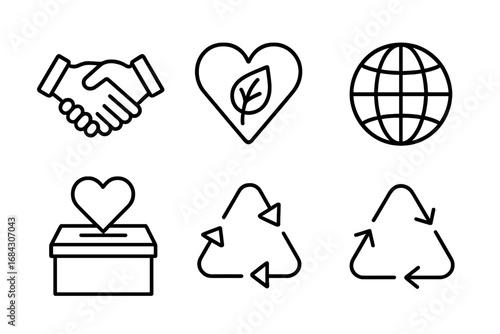 Corporate Social Responsibility icon set. CSR outline icons for business ethics, environment, and community support. Vector symbols for sustainability, charity, social impact, ESG.