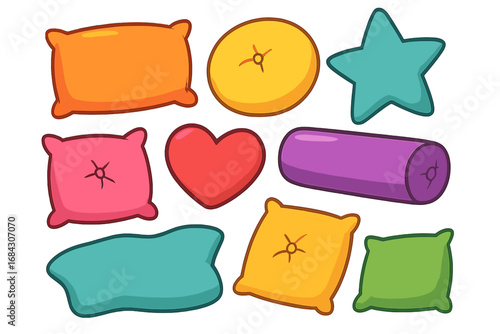 Set of colorful pillows and cushions. Various shapes and colors. Vector cartoon illustration isolated on white. Home decor elements. Soft furniture for sleep and comfort. Flat design icons.