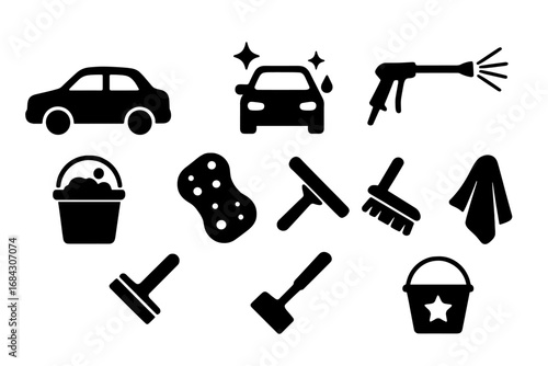 Car wash service silhouette icon set. Auto cleaning and maintenance tools collection. Vector graphic elements for detailing, pressure washing, sponge, soap, and squeegee.