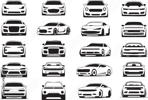 black and white car icons vector set featuring 20 stylized car silhouettes in grid layout for automotive design projects