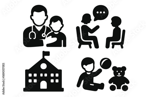 Child wellbeing solid glyph icon set. Pediatrician doctor visit, child psychology therapy session, school education and playtime. Children's health and development support vector icons.