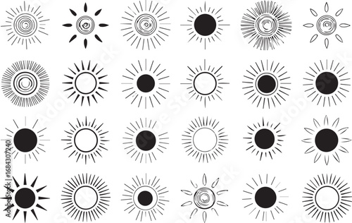set of 24 unique stylized sun vector icons with diverse ray patterns ideal for summer solar and graphic projects
