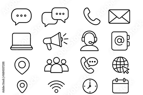 Communication and contact us icon set. Thin line vector icons for web, business, and office essentials. Includes message, call, mail, location, team, and schedule symbols.