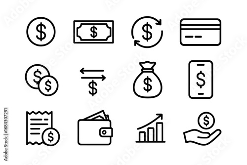 Finance and payment line icon set. Money, currency, and transaction symbols. Banking, investment, and savings outline icons. Vector business and economy concept collection.