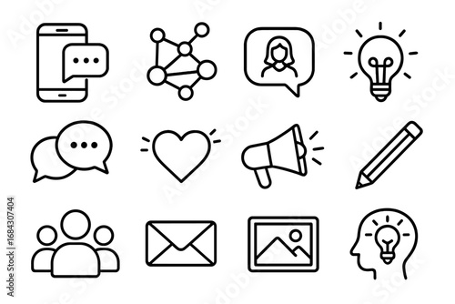 Communication and creativity line icon set. Social media, marketing, and innovation outline pictograms. Thin vector icons for app, web, message, idea, and community.