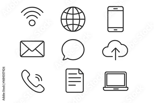Communication and network linear icon set. Digital technology, internet connectivity, and web device symbols. Vector outline collection for UI, UX, app and website design.