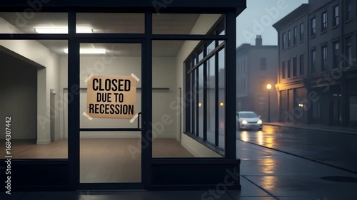 Storefront closed due to recession on a foggy rainy evening