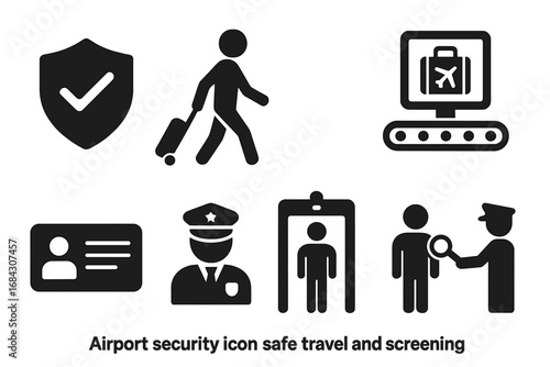 Airport security icon set for safe travel and screening process. Vector pictograms of passenger, baggage check, scanner, metal detector, id card, and customs officer.
