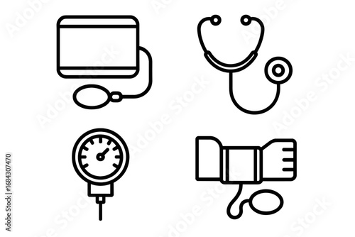 Blood pressure icons. Outline medical icon set of blood pressure measurement, sphygmomanometer, stethoscope, pressure gauge, tonometer, cuff wrap. Vector health illustration.